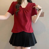 2025 Summer New V - neck Shoulder Short - sleeved T-shirt Women's Slimming T-shirt Plain Slim - fit Short Sleeve Top - Zeprah