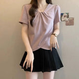 2025 Summer New V - neck Shoulder Short - sleeved T-shirt Women's Slimming T-shirt Plain Slim - fit Short Sleeve Top - Zeprah