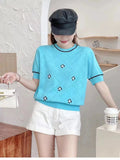 2025 Summer New Women's Knit T Shirt with Pattern Embroidery Unique Design Short Sleeve Short Length Thin Top - Zeprah