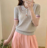 2025 Summer New Women's Polo Collar Color Block Knit Short Sleeve Retro Turn - Down Collar Slim Fit Casual Top - Zeprah