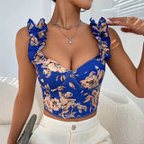 2025 Summer Sweet New Style V - Neck Sexy Printed Design Crop Top with Built - in Cups Boned Shaping Beautiful Back & Tie Straps - Zeprah