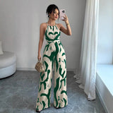 2025 Summer Women's Versatile Lace - up Waist Slimming Loose Printed Wide - leg Jumpsuit for Women - Zeprah