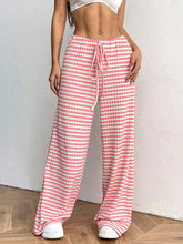 2025 Women's New Casual Striped Solid Color Rubber Drawstring Straight Leg Pants - Zeprah