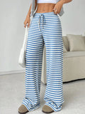 2025 Women's New Casual Striped Solid Color Rubber Drawstring Straight Leg Pants - Zeprah