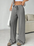 2025 Women's New Casual Striped Solid Color Rubber Drawstring Straight Leg Pants - Zeprah