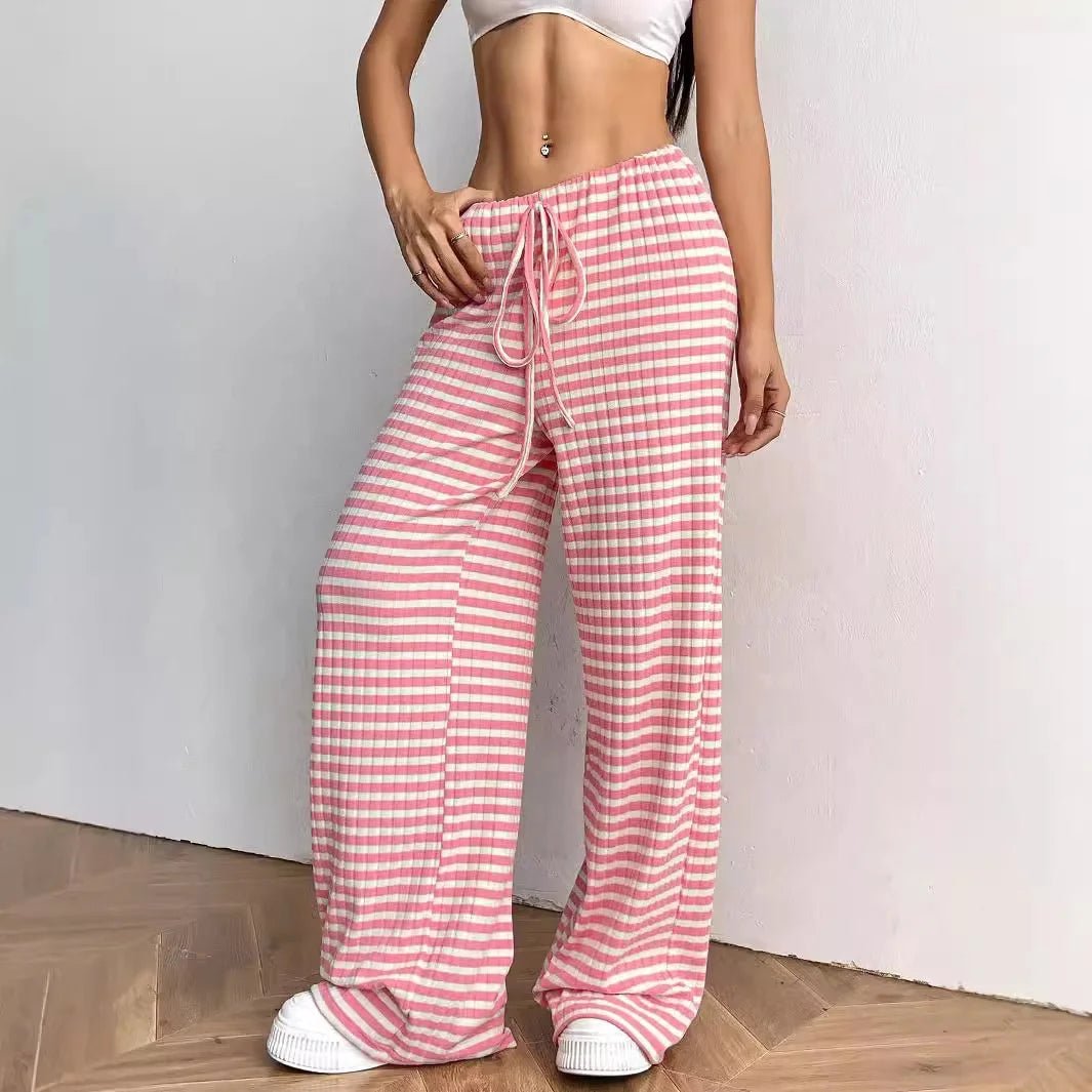 2025 Women's New Casual Striped Solid Color Rubber Drawstring Straight Leg Pants - Zeprah