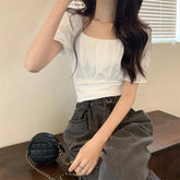2025 Women'sT-Shirt Fashion Summer New Solid Color Neck Short Sleeve T-Shirt Knitted Hollow Top Woman T-Shirt - Zeprah