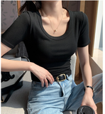 Women Wide U Neck Vertical Ribbed Knit Crop Short Sleeve T Shirt Slim Fit Solid Color Stretch Versatile Basic Daily Tee Tops