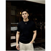 Men Vertical Rib Knit Half Short Sleeve T Shirt Slim Fit Solid Color Soft Knitted Tops for Business Daily Wear