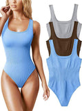 Women Ribbed Square Neck Sleeveless Bodysuit Basic Tank Top Bodycon Jumpsuit Daily Casual Ladies Seamless Shapewear Bodysuits