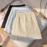 Women High Waist Lace Hem Mini Skirt Solid Color Textured a Line Short Skirt Casual Sweet Girls Mini Skirts With Lace Trim