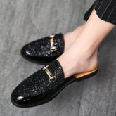 Men's Fashion Glitter Patent Pu Mules Backless Slip on Style With Decorative Metal Buckle for Night Out Parties