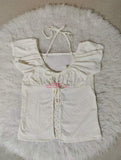 Women's Light Yellow Square Neck Tie Front Puff Sleeve Slim Fit Blouse Summer Casual Tops