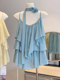 New Summer Women's Sleeveless Top Gentle Blue Irregular Camisole with Floral Streamers Youthful Design