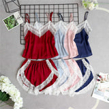 Women's Sexy Lace Sleeveless V-Neck Satin Sling Vest Top Shorts Summer Two Piece Pajama Sets with Front Sleepwear Nightwear