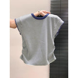 Women Contrast Collar Striped Ribbed Knit Top Cap Sleeve Side Ruched Slim Fit Summer Casual Short Knitted Blouse