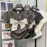 Women Textured Distressed Fabric T Shirt Big Rhinestone Bow Decor Side Ruched Short Sleeve Slim Fit Crop Top