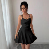 Burgundy Satin Halter Neck Mini Dress Cowl Neck Ruched Flared Skirt Party Dress for Women