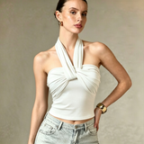 Women Built-in Padded Cross Wrap Halter Tank Top Back Self Tie Big Bow Side Ruched Slim Cropped Sleeveless Camisole Vest