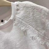 Women Round Neck Lace Cap Sleeve T Shirt Side Ruched Slim Fit Solid Color Casual Blouse