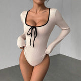 Hot-selling Gentle square Collar Fashion Jumpsuit Bow Long Sleeve Women's Jumpsuit