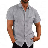 Summer Men Short Sleeve Shirt Double Chest Pockets Turn Down Collar Button up Casual Work Shirts