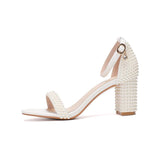 Women Quality Pearl Decorated Open Toe Block Heel Sandals Ankle Strap With Rhinestone Buckle for Bridal Wedding Events