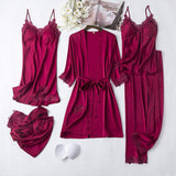 Women's Summer Satin Silk-Like 5-Piece Loungewear Set - Sexy Camisole Nightgown with Built-in Bra Pads & Robe