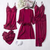 Women's Summer Satin Silk-Like 5-Piece Loungewear Set - Sexy Camisole Nightgown with Built-in Bra Pads & Robe