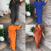 Stand Collar Drawstring Waist Side Split Long Kaftan Dress Women Loose Summer Casual Maxi Robe Dress