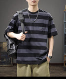 Men's Striped T-shirt with Chest Pocket Oversized Casual Short Sleeve Streetwear Tee for Men