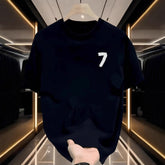 Men COTTON Back Large Number 7 Print Crew Neck Loose Short Sleeve Basic Tee Shirt
