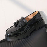 Luxury Men's PU Leather Dress Loafers Slip-On Office and Driving Shoes Height Increasing Thick Sole Chunky Tassel Loafers