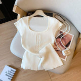 Women Square Neck Ribbed Knit T Shirt Front Button Split Hem Short Sleeve Slim Fit Casual Basic Tee