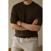 Men Vertical Rib Knit Crew Neck Short Sleeve T Shirt Solid Purple Soft Stretch Knitted Tops Daily Casual Fashion Knitwear