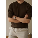 Men Vertical Rib Knit Crew Neck Short Sleeve T Shirt Solid Purple Soft Stretch Knitted Tops Daily Casual Fashion Knitwear
