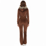 New Winter Color Blocking Casual Two Piece Women's Set Eco-Friendly Velvet Short Hooded Zip Hoodie Fur Collar Flared Drawstring