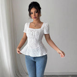 2026 New Arrival Women's Lace T-shirt with Square Neck & Peplum Hem