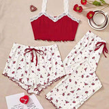 Sexy Floral Pajama Set for Women, Summer Suspender Short-long Pants, Cute Ladies' Homewear Three-piece Set
