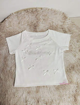 Bow Graphic Tee Embroidered Flower Tops for Women Crewneck Short-sleeved Blouse