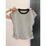 Women Contrast Collar Striped Ribbed Knit Top Cap Sleeve Side Ruched Slim Fit Summer Casual Short Knitted Blouse