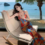 Women Built-in Bra Floral Mermaid Maxi Dress V Neck Spaghetti Strap Bodycon Dress Vintage Oil Painting Print Summer Sundress