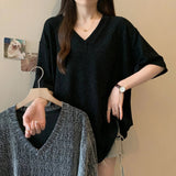 2XL 3XL 4XL Plus Size Design Slit V - neck Short - sleeved T-shirt Women's 2025 Summer New Loose Slimming Top Women's - Zeprah