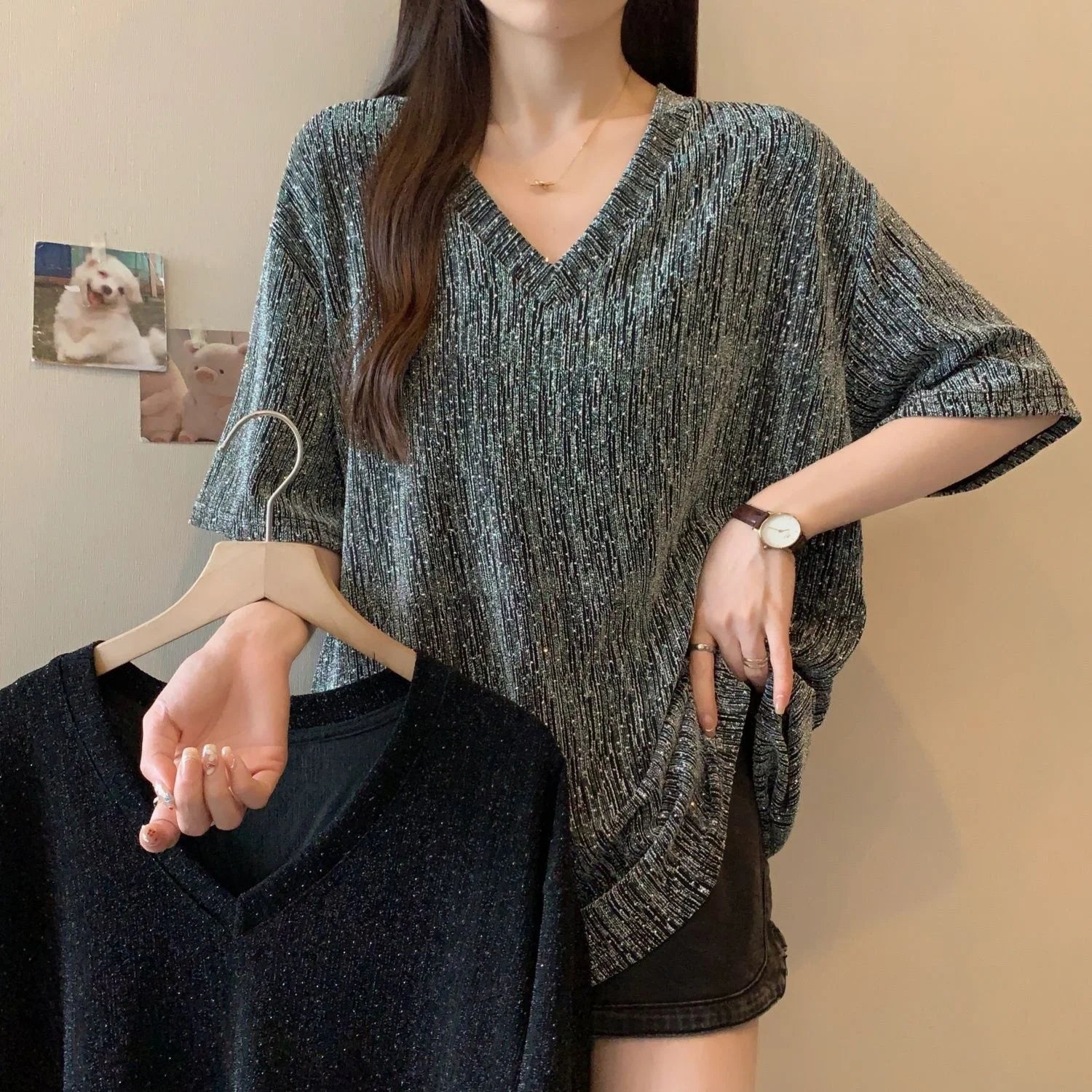 2XL 3XL 4XL Plus Size Design Slit V - neck Short - sleeved T-shirt Women's 2025 Summer New Loose Slimming Top Women's - Zeprah