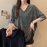 2XL 3XL 4XL Plus Size Design Slit V - neck Short - sleeved T-shirt Women's 2025 Summer New Loose Slimming Top Women's - Zeprah