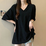 2XL 3XL 4XL Plus Size Design Slit V - neck Short - sleeved T-shirt Women's 2025 Summer New Loose Slimming Top Women's - Zeprah