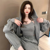 3 Piece Set Solid Color Casual Women's Sports 3 - piece Outdoor Loose Zipper Jacket Slim Fit Trouser Set - Zeprah