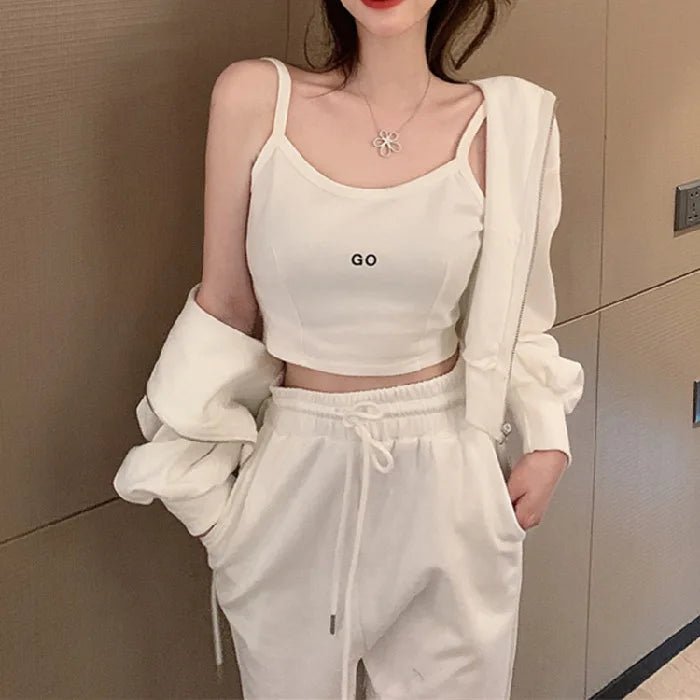 3 Piece Set Solid Color Casual Women's Sports 3 - piece Outdoor Loose Zipper Jacket Slim Fit Trouser Set - Zeprah