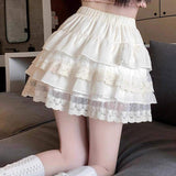 Women Elastic Waist Chiffon Lace Tiered Cake Mini Skirt White Ruffle Layered Sweet Girls Summer Flowy Short Skirts