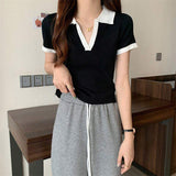 Polo Collar Graphic Tee Color Contrast Tops for Women Knitted Short-Sleeved Tee